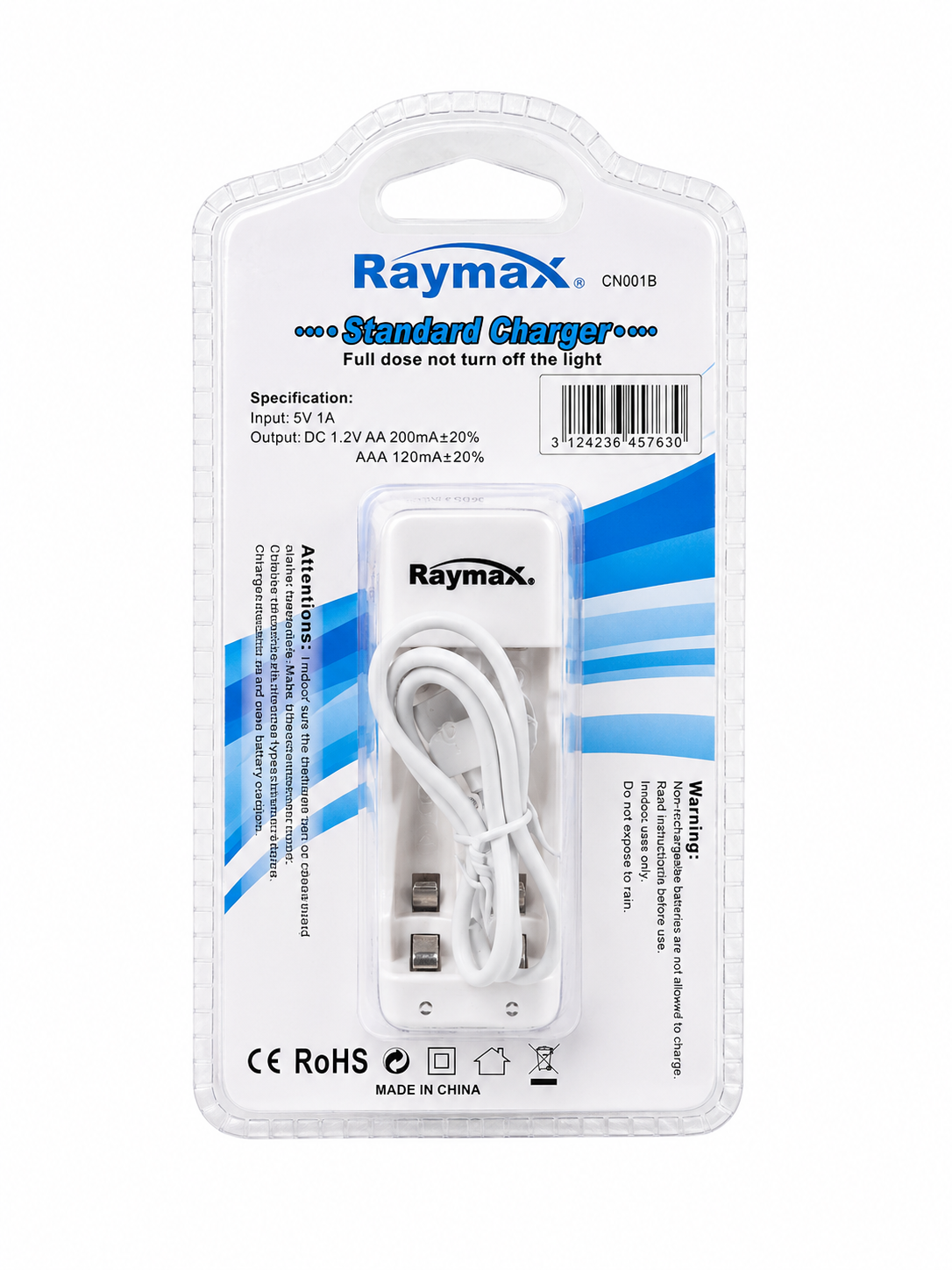 شارژر باتری ریمکس Raymax مدل CN001B | شارژر باتری قلمی AA و نیم‌قلمی AAA با